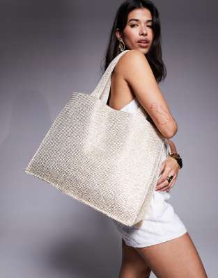 South Beach shoulder straw beach tote bag in pale metallic gold - view 1