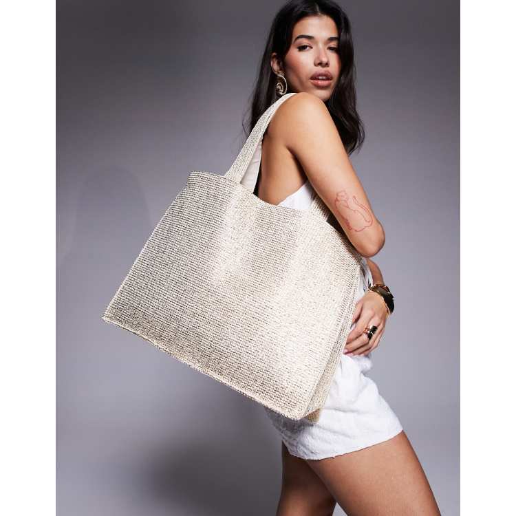 South Beach shoulder straw beach tote bag in pale metallic gold ASOS