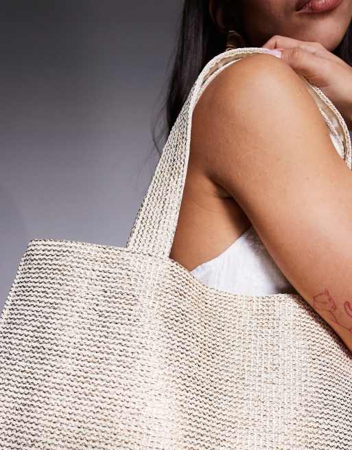 South Beach shoulder straw beach tote bag in pale metallic gold