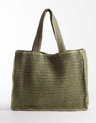 South Beach South Beach shoulder straw beach tote bag in sage green