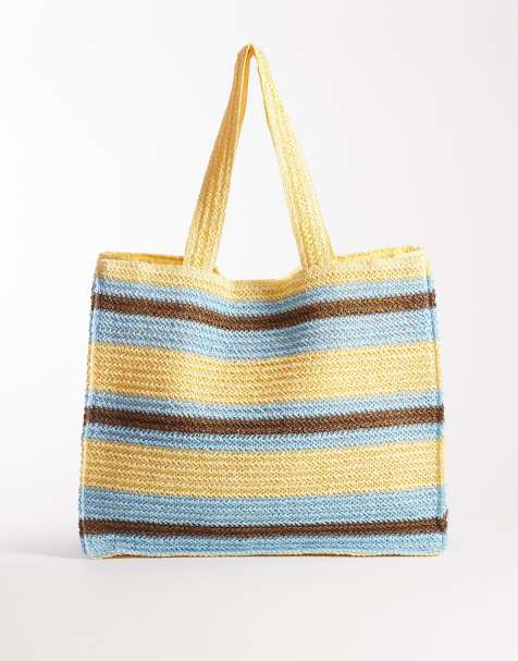 South Beach shoulder straw beach tote bag in yellow brown and blue stripe - view 1