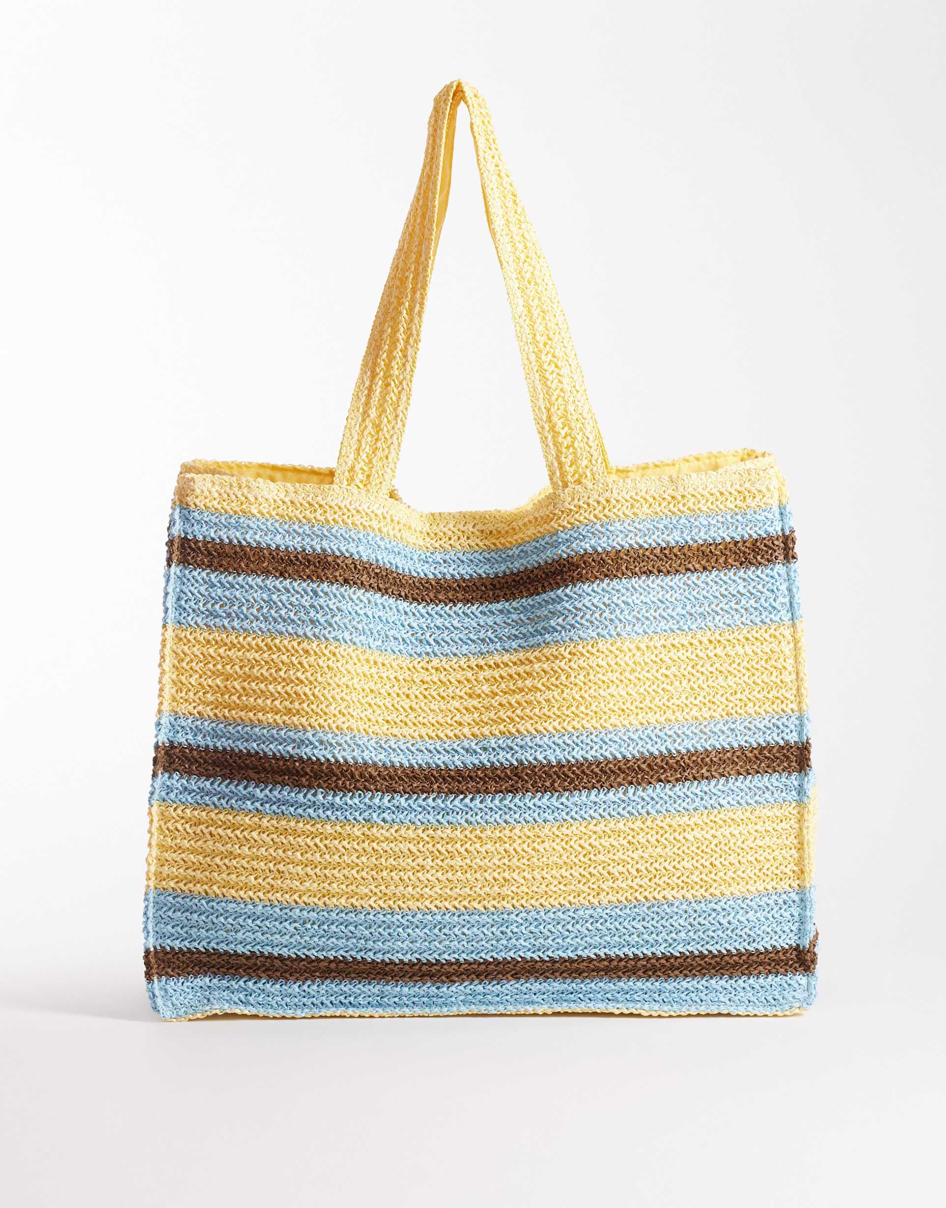 south beach shoulder straw beach tote bag in yellow brown and blue stripe