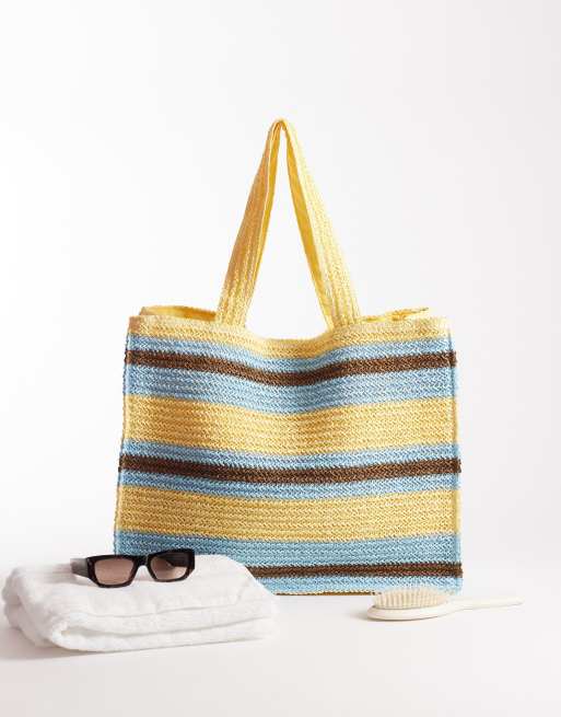 South Beach shoulder straw beach tote bag in yellow brown and blue stripe, 2 of 4