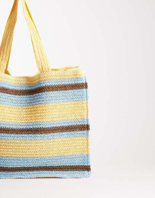 South Beach shoulder straw beach tote bag in yellow brown and blue stripe, 4 of 4