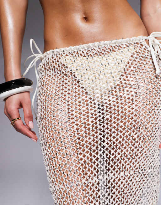 South Beach silver sequin cut out beach maxi skirt in cream