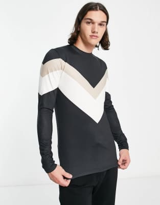 ski fleece back long sleeve v stripe top in black