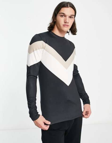 South Beach ski fleece back long sleeve v stripe top in black - view 1