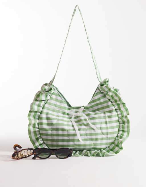 South Beach - Skuldertaske med flæser og salviegrønt gingham-tern , 2 af 4