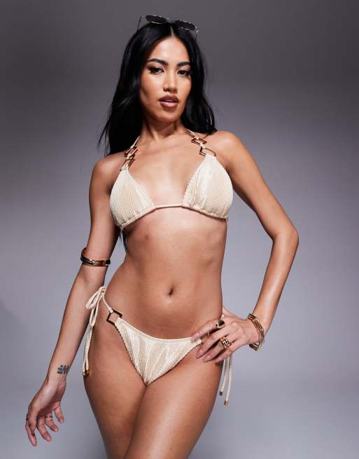 South Beach - Slip bikini crema con allacciatura laterale e dettagli in metallo