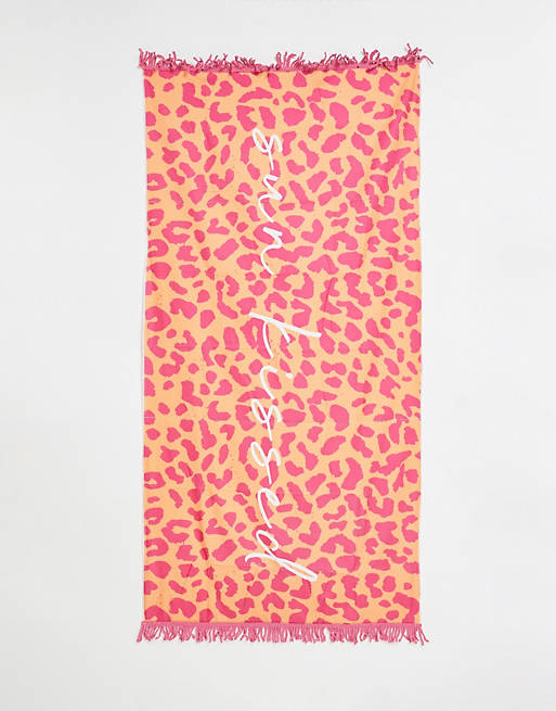 South Beach slogan beach towel in pink leopard