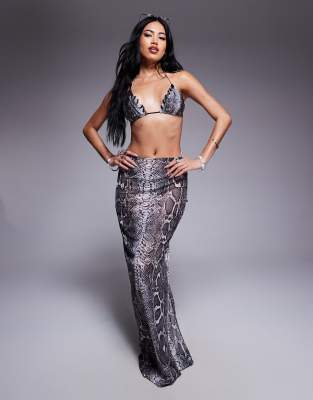 South Beach snake print mesh maxi beach skirt in grey
