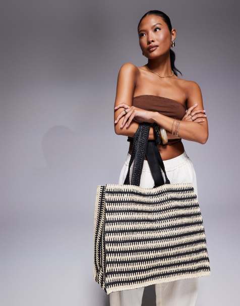 South Beach – Słomkowa torba typu tote w czarno-białe paski - view 1