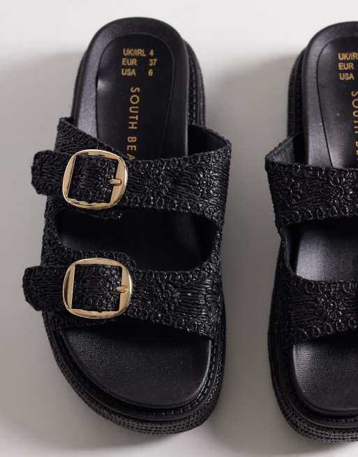 South Beach - Sorte flatform-sandaler med dobbeltspænde, 3 af 4