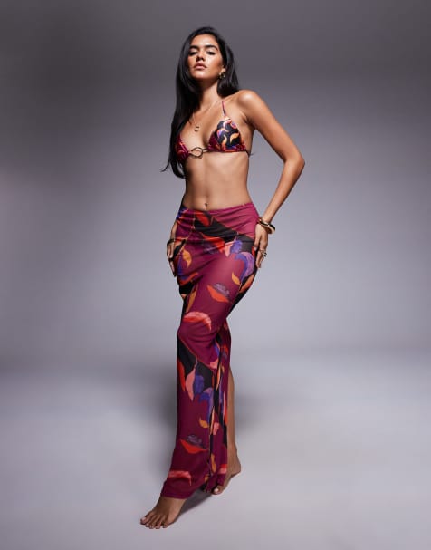 South Beach abstract print mesh maxi beach skirt in magenta