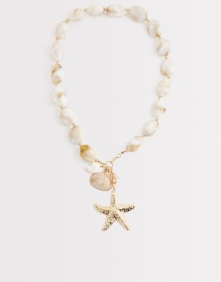 South Beach Starfish And Neutral Stone Beaded Necklace In Gold