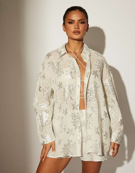 South Beach starfish metallic jacquard shirt in silver , 7 of 7