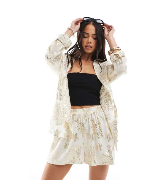 South Beach Starfish metallic jacquard shorts in gold - view 1