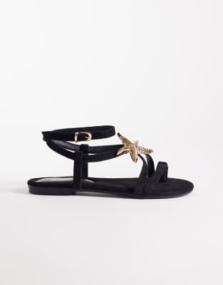 South Beach Starfish Strappy Flat Sandals In Black