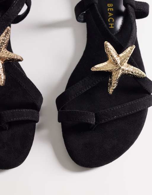 South Beach starfish strappy flat sandals in black faux suede, 2 of 4