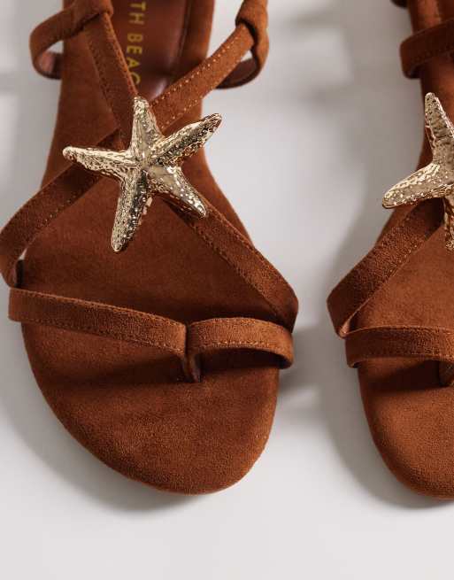 South Beach starfish strappy flat sandals in brown faux suede, 2 of 4