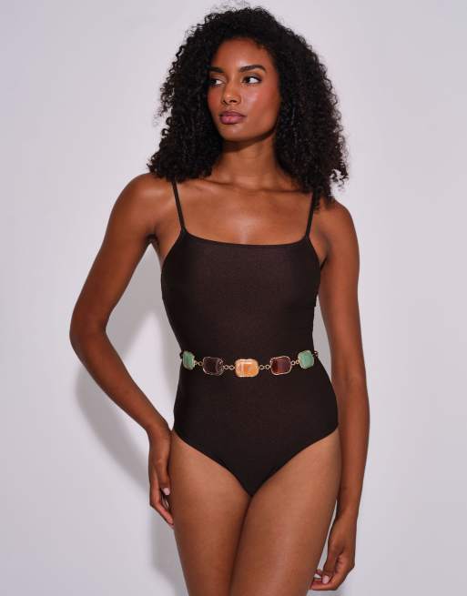 South Beach Stone belt detail scoop back swimsuit in dark brown, 2 of 5