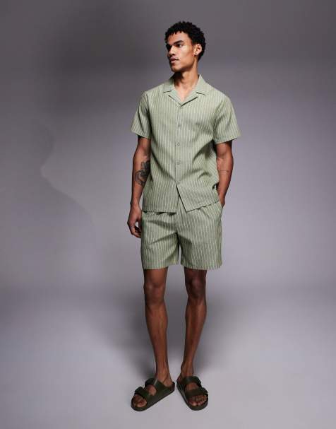 South Beach - Strand co-ord set met linnenlook en strepen in kaki - view 1