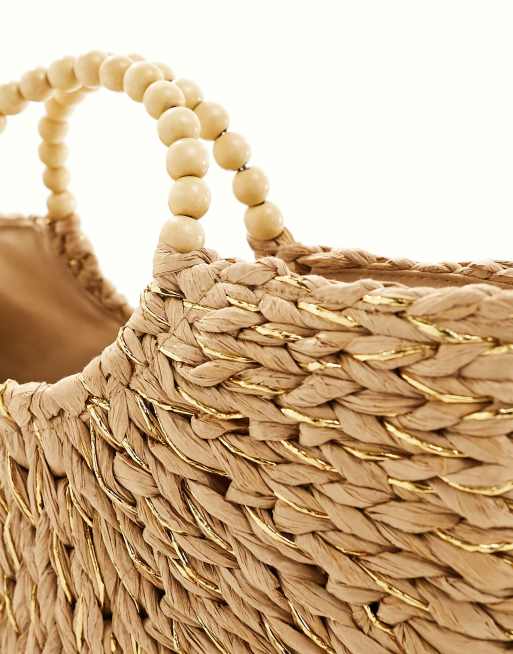 South Beach - Strand-handtas met gouden stro en kralenhandvat, 2 van 4
