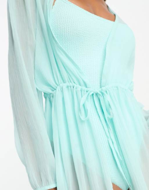 South Beach Strand Kaftan in Maxilange aus Chiffon in Hellblau mit Ballonarmeln ASOS