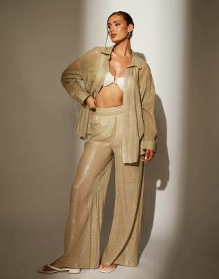 South Beach - Strandhose mit weitem Bein in Metallic-Optik in Khaki-Grün