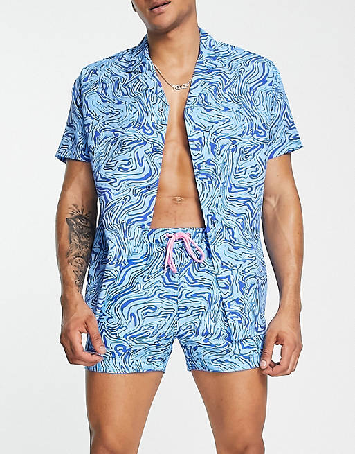 South Beach - Strandoverhemd in blauw met wervelende print