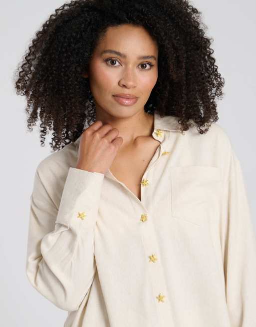 South Beach - Strandoverhemd van linnenmix met zeester-knoopjes in beige