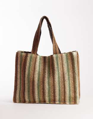 South Beach - Strandtragetasche aus Stroh mit Streifen in neutralen Farben und Grün-Bunt