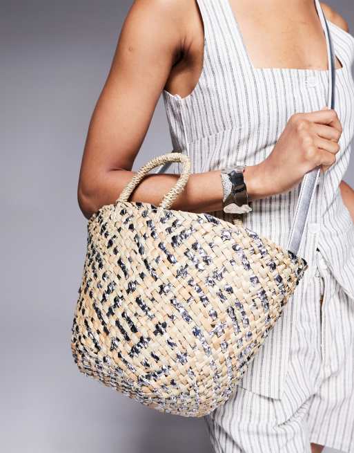 South Beach straw basket bag with crossbody strap in silver