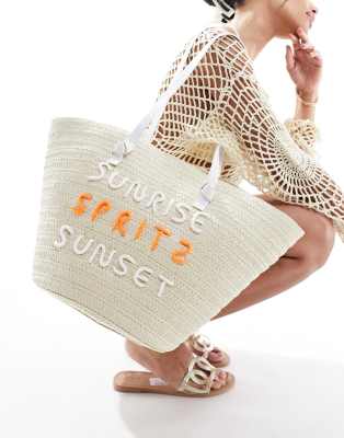 South Beach straw basket shoulder bag with embroidered detail-Neutral