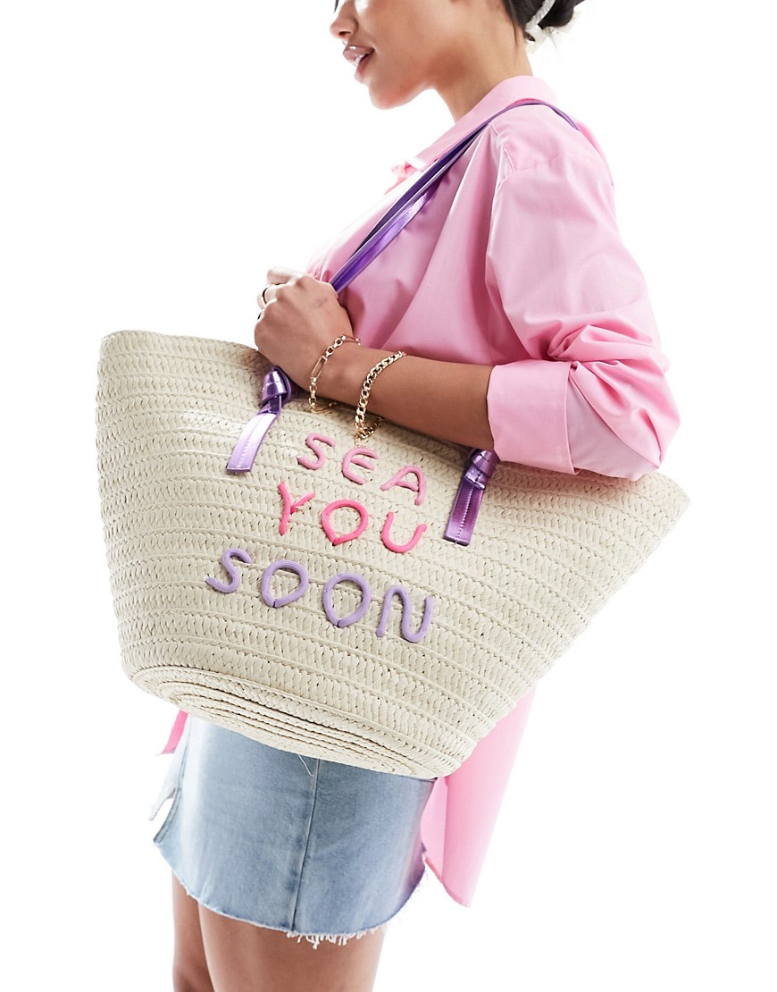 South Beach Straw Basket Shoulder Bag With Embroidered Detail-neutral