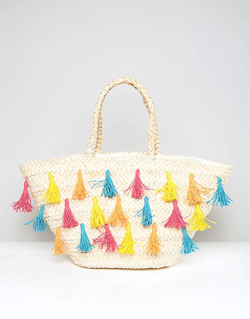 South Beach Straw Beach Bag With Colored Tassels