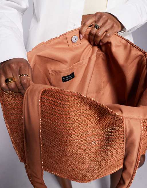 South Beach straw beach tote shoulder bag in metallic bronze