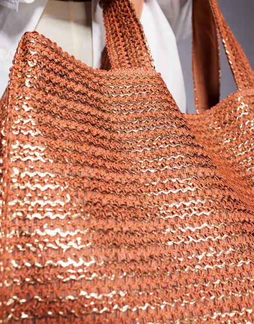 South Beach straw beach tote shoulder bag in metallic bronze