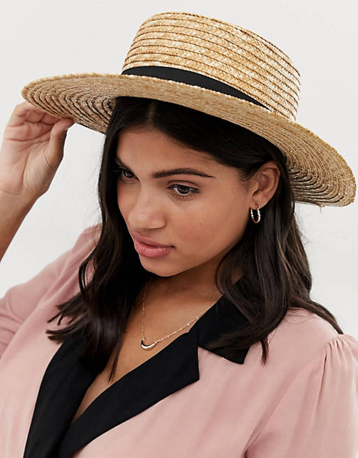 South Beach straw boater hat with black ribbon