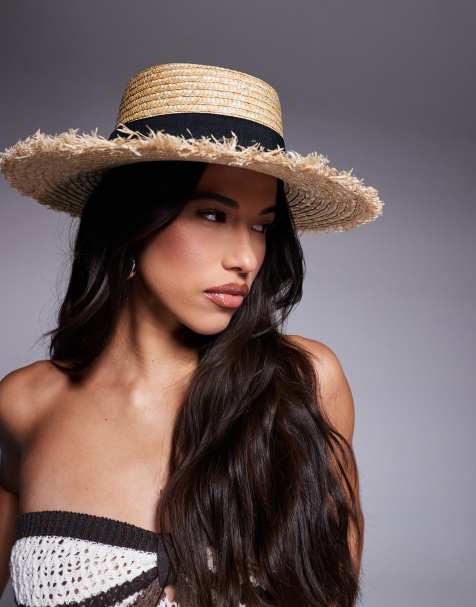 South Beach straw boater hat with contrast band in beige - view 1