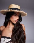 [South Beach] South Beach straw boater hat with contrast band in beige-Neutral No Size Neutral