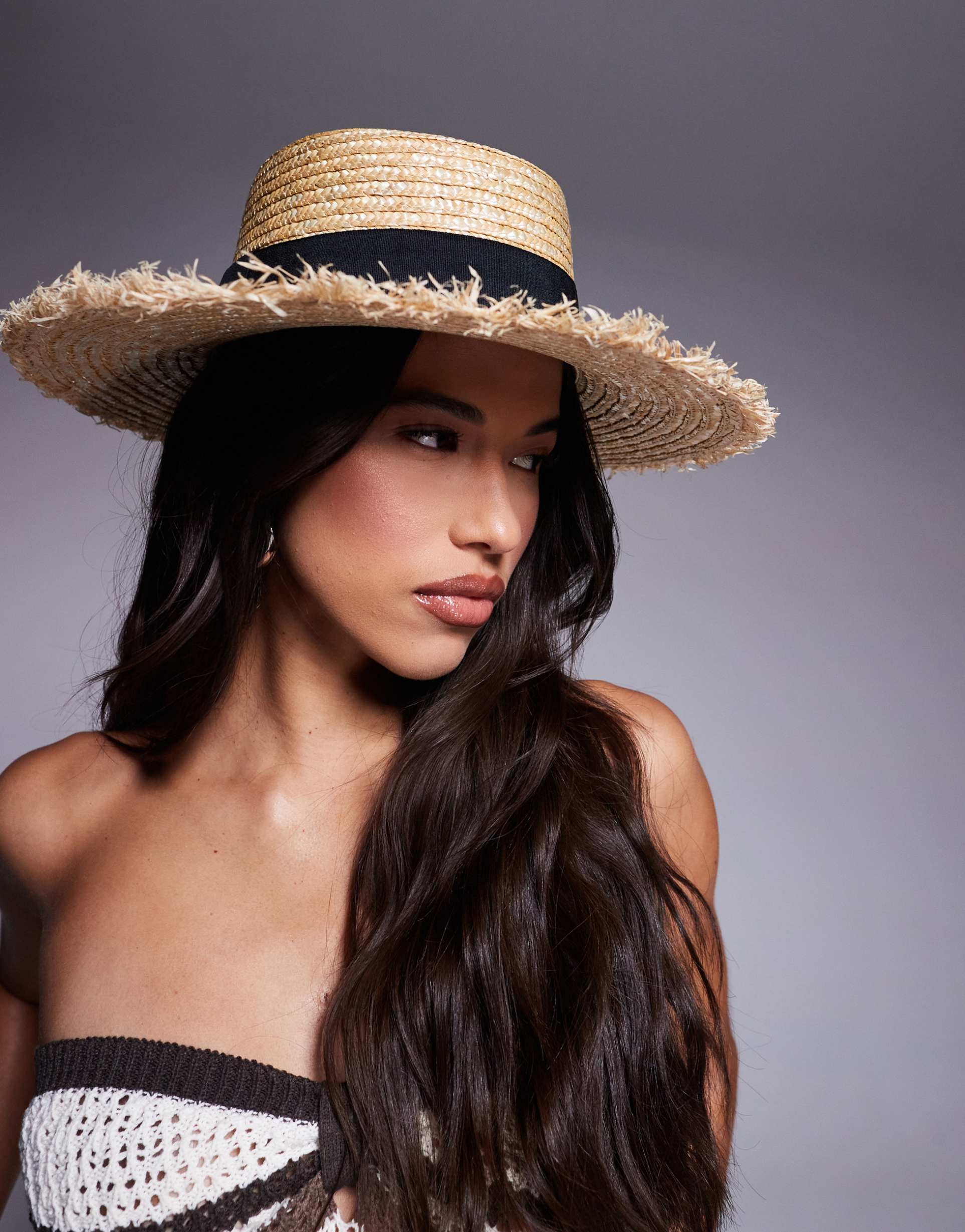 south beach straw boater hat with contrast band in beige