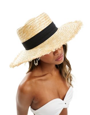 South Beach straw boater hat with frayed edge in natural