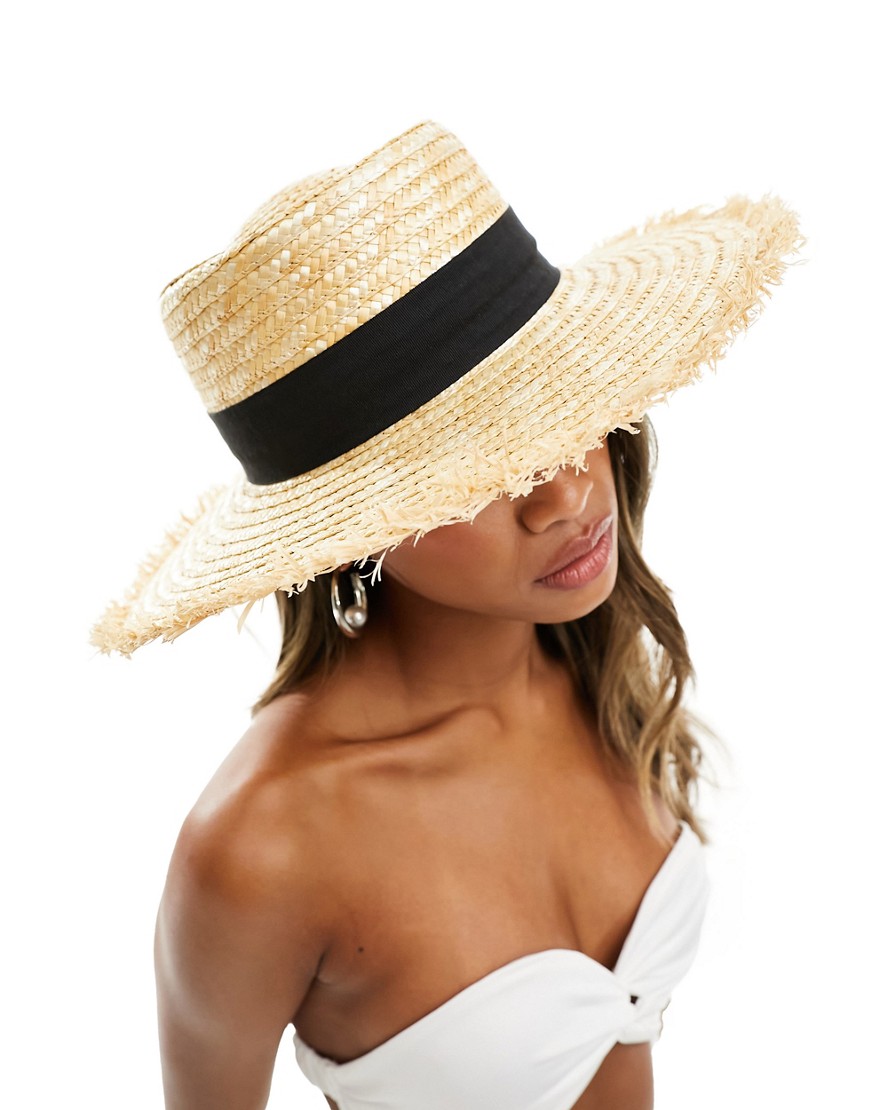 South Beach straw boater hat with frayed edge in natural-Neutral