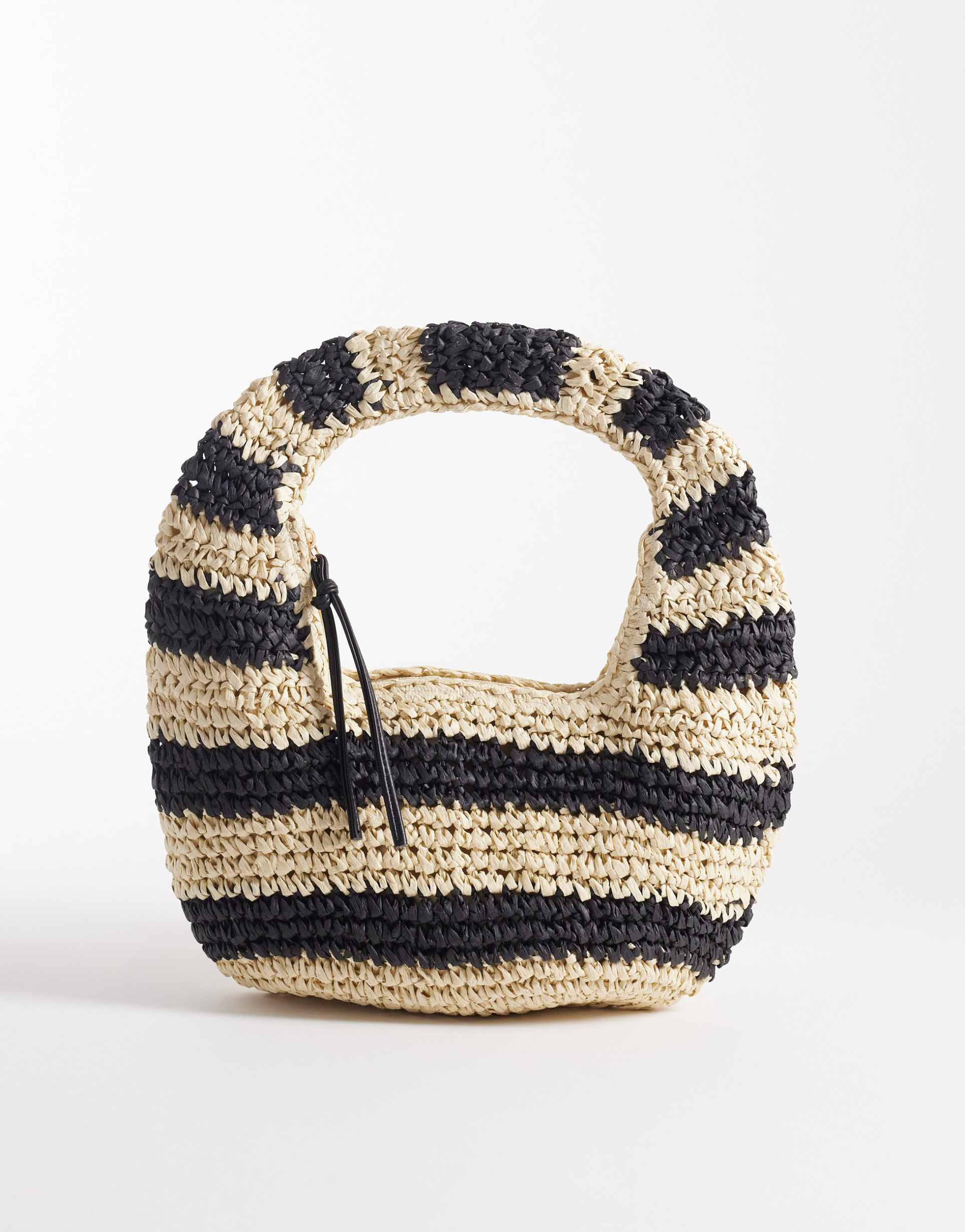 south beach straw clutch purse in black and natural stripes