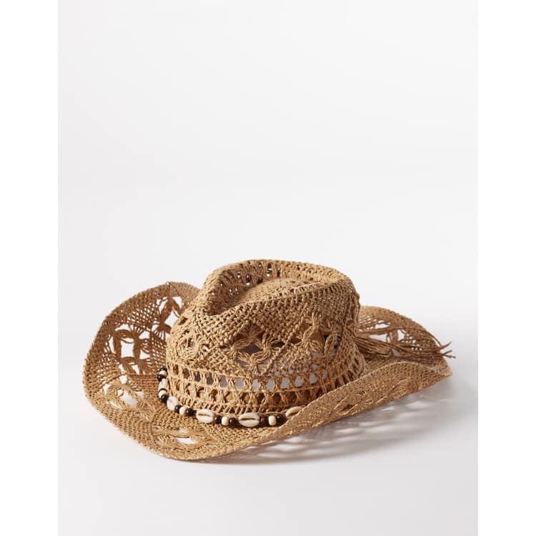 South Beach straw cowboy hat with bead trim in natural | ASOS