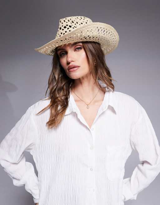 South Beach straw cowboy hat with contrast band in beige 