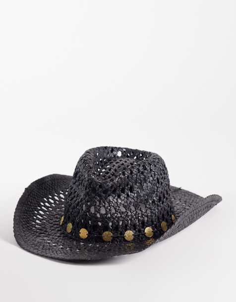 South Beach straw cowboy hat with faux-coin trim in black - view 1