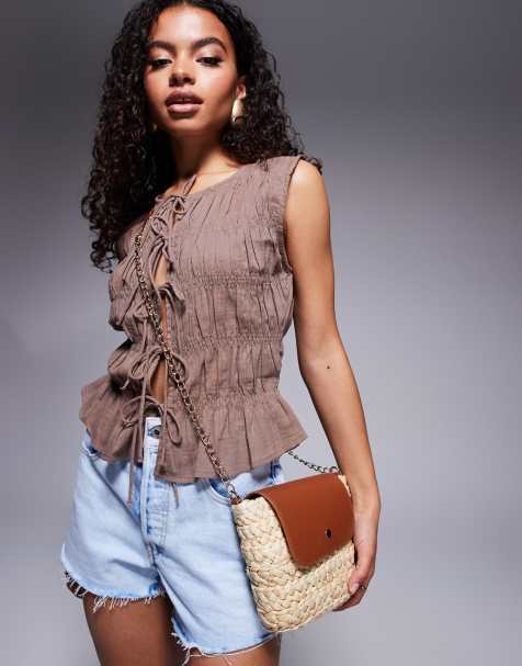 South Beach straw crossbody bag with contrast flap in brown - view 1