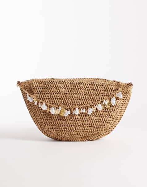 South Beach straw crossbody bag with faux-shell embellishments in beige - view 1